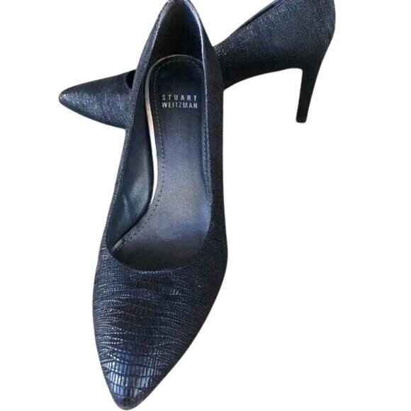 Stuart Weitzman Black Textured Leather Pointed Toe Pumps Size 7.5 Womens Heels - Picture 2 of 6